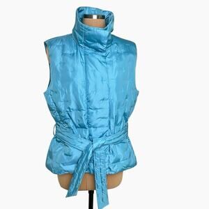 Talbots Puffer Vest Women Large Blue Down Fill Quilted Zip Snap Belt Preppy Chic